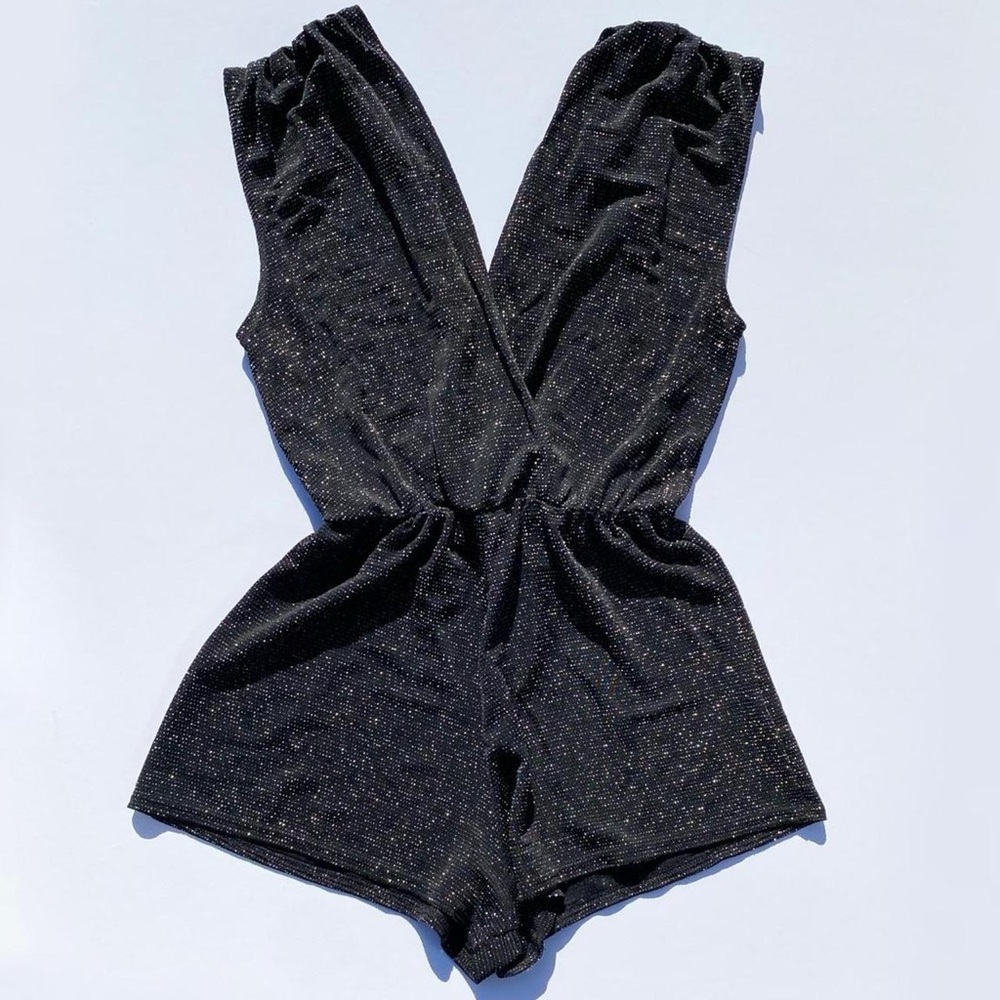 Rare London Sparkly Black v-neck romper Women's Size 12 Party Festival New Years